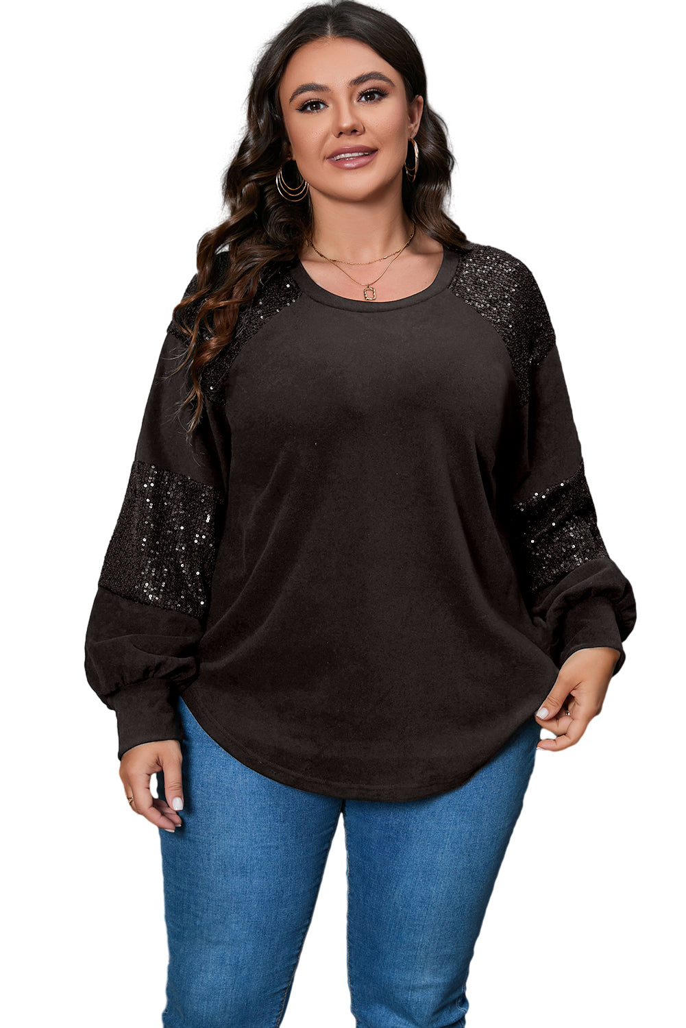 Black Plus Size Sequin Patchwork Crew Neck Long Sleeve Top