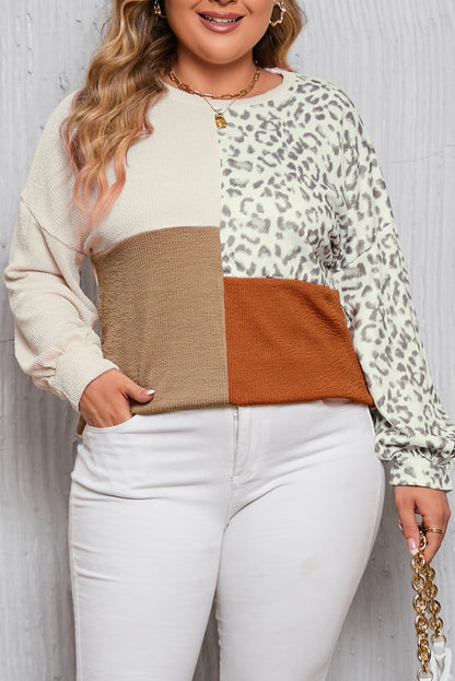 Khaki Ribbed Color Block Leopard Splicing Plus Size Top