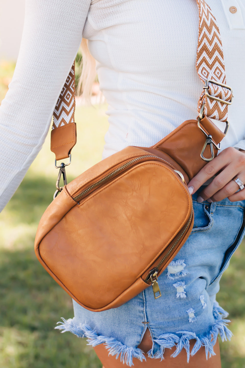 Brown Faux Leather Zipped Crossbody Chest Bag