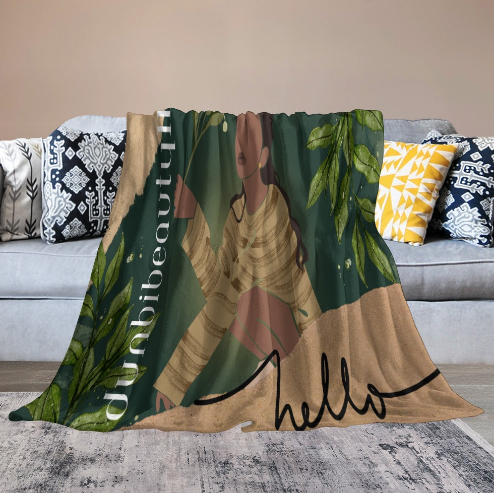 Ultra-Soft Flannel Blanket Multiple Sizes Black Woman with Flowers, Green, Grace, Beauty (Designed by Dunbi)