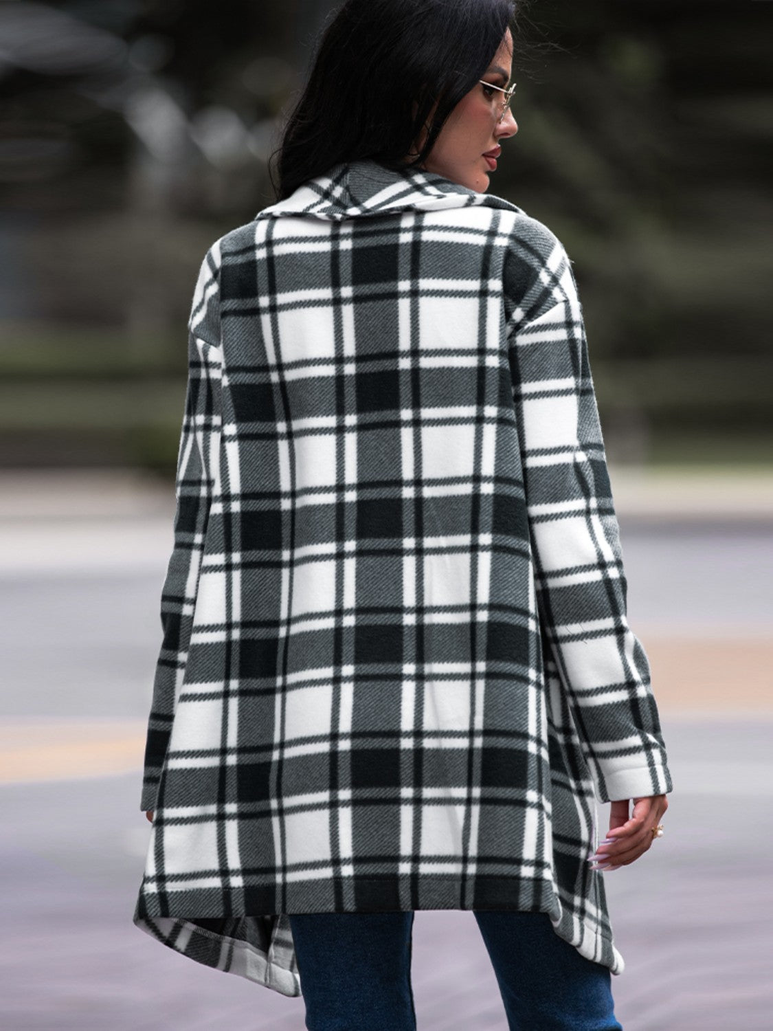 Shiny Plaid Shawl Collar Coat with Pockets