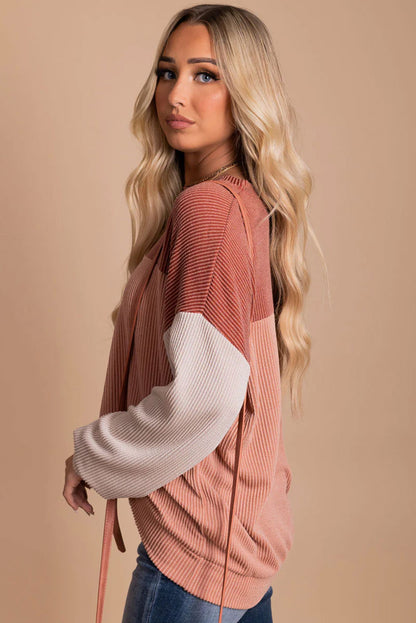 Red Color Block Cording Loose Long Sleeve Top