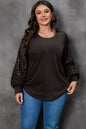 Black Plus Size Sequin Patchwork Crew Neck Long Sleeve Top