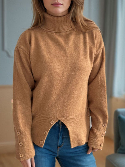 Front Slit Decorative Button Turtleneck Sweater