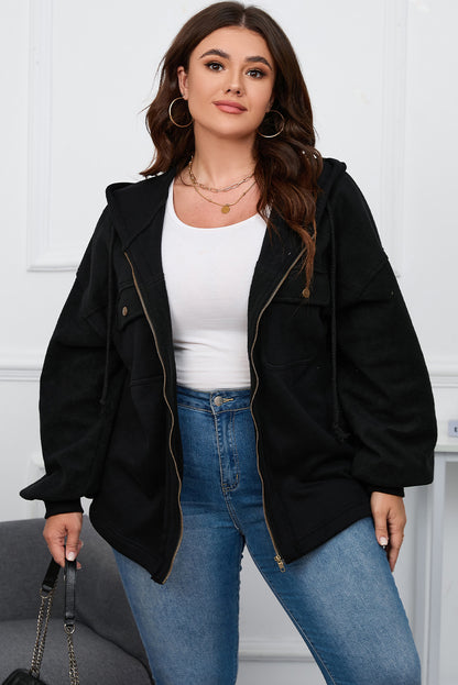 Black Plus Size Bishop Sleeve Zip Up Hooded Jacket