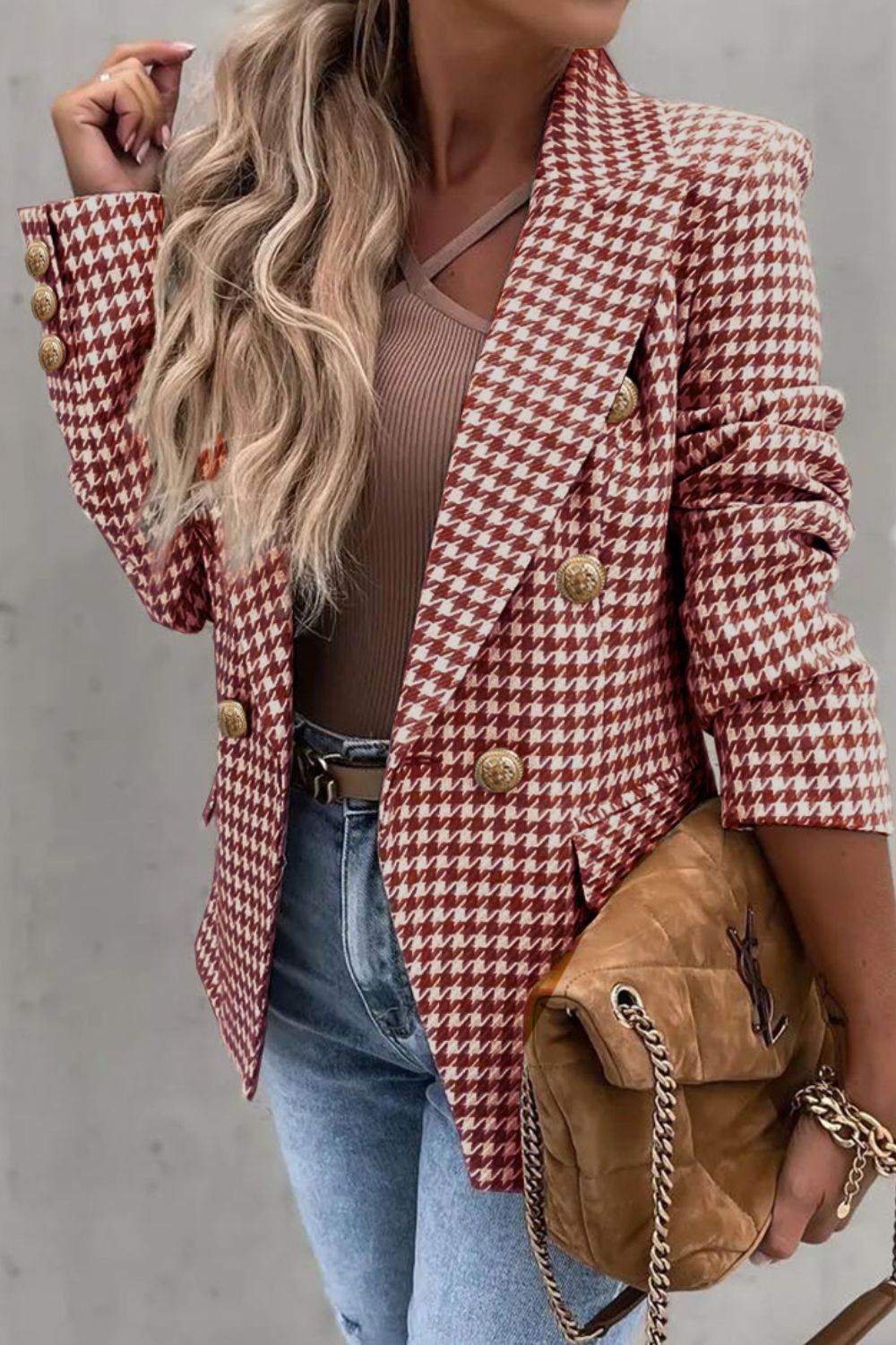 Houndstooth Collared Neck Double-Breasted Blazer