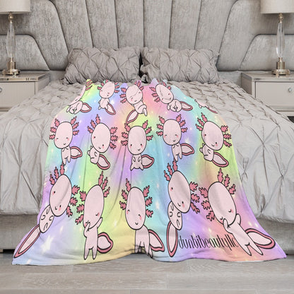 Ultra-Soft Flannel Blanket Multiple Sizes Axolotl, Pastel Rainbow, Cute, Kawaii, Aesthetic, Art, Pink, Blie, Yellow, Green, Purple (Designed by Dunbi)