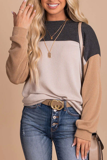 Red Color Block Cording Loose Long Sleeve Top