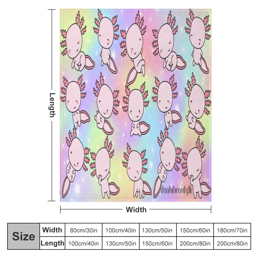 Ultra-Soft Flannel Blanket Multiple Sizes Axolotl, Pastel Rainbow, Cute, Kawaii, Aesthetic, Art, Pink, Blie, Yellow, Green, Purple (Designed by Dunbi)