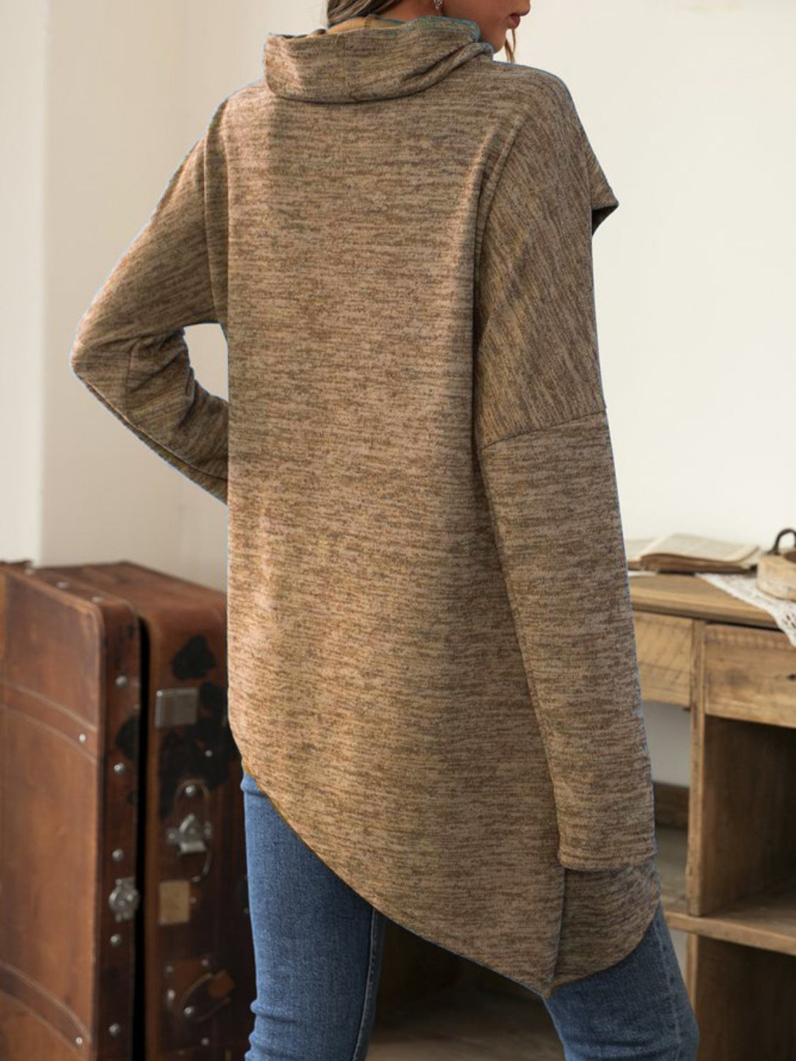 Asymmetrical Hem Cowl Neck Long Sleeve T-Shirt