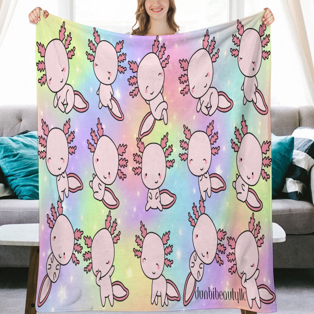 Ultra-Soft Flannel Blanket Multiple Sizes Axolotl, Pastel Rainbow, Cute, Kawaii, Aesthetic, Art, Pink, Blie, Yellow, Green, Purple (Designed by Dunbi)