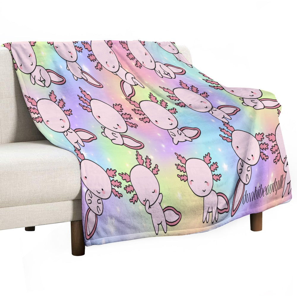 Ultra-Soft Flannel Blanket Multiple Sizes Axolotl, Pastel Rainbow, Cute, Kawaii, Aesthetic, Art, Pink, Blie, Yellow, Green, Purple (Designed by Dunbi)