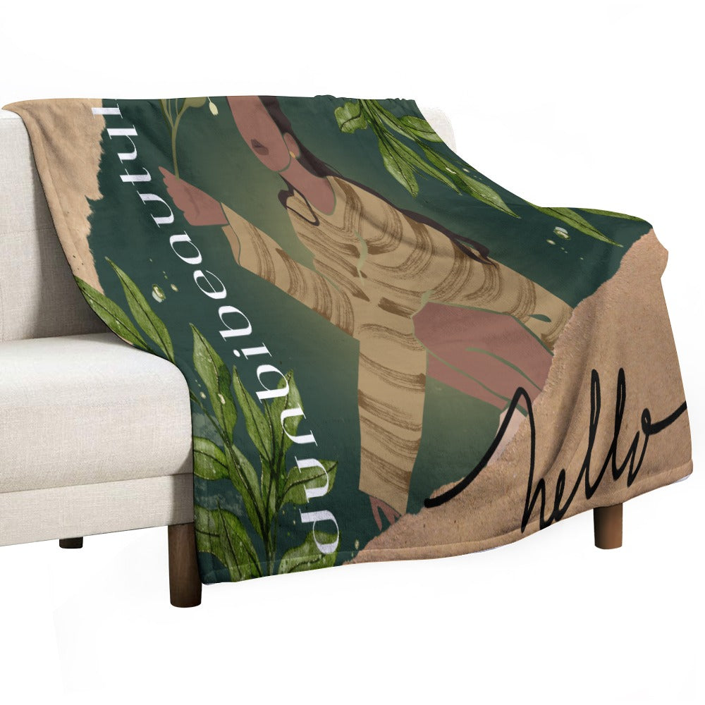 Ultra-Soft Flannel Blanket Multiple Sizes Black Woman with Flowers, Green, Grace, Beauty (Designed by Dunbi)