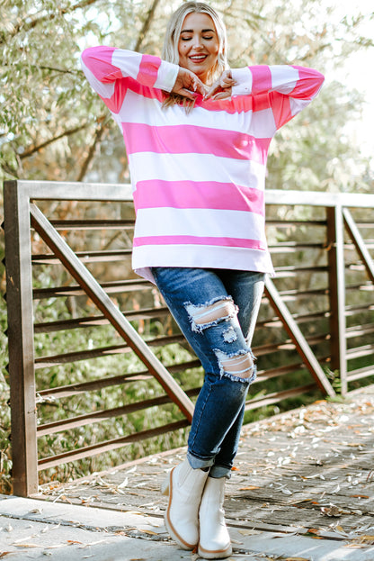 Pink Striped Side Slit Plus Size Sweatshirt