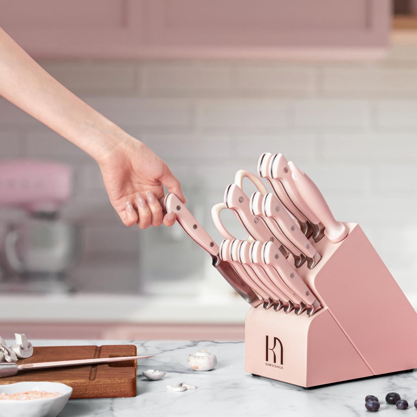 Pink Knife Set, KnifeSaga Kitchen Knife Set 15Pcs, Enduring Razor-Sharp Knife Block Set, High Carbon Stainless Steel Pink Knife Set with Block and sharpener, Premium Forged Knives Set for Kitchen