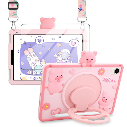 YEBOLU for iPad Mini 6 Case for Kids Girls 8.3 Inch 2021 with Screen Protector Pencil Holder 360 °Rotating Stand Lanyard Silicone Protective Tablet Cover for iPad Mini 6th Generation (Pink Pig)