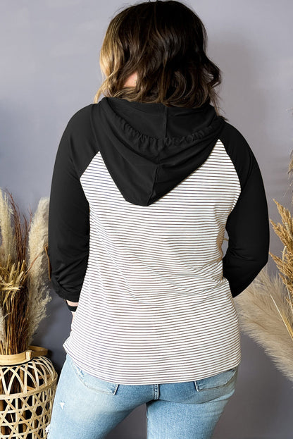 Black Striped Raglan Sleeve Buttoned Pocket Plus Size Hoodie