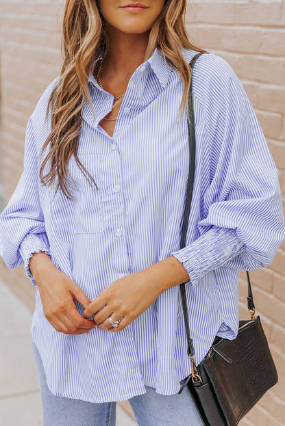 Sky Blue Smocked Cuffed Striped Boyfriend Shirt with Pocket