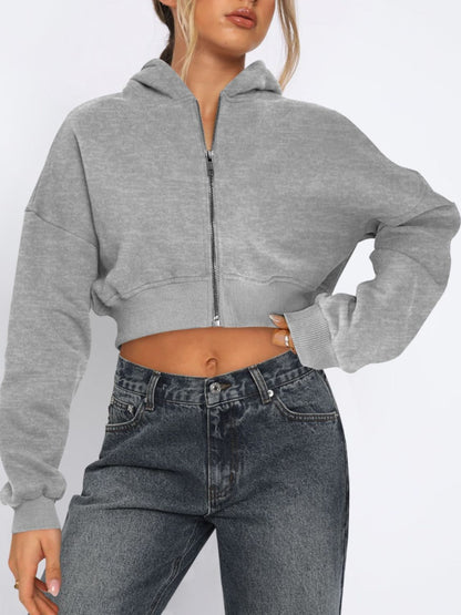 Zip Up Long Sleeve Hooded Cropped Jacket