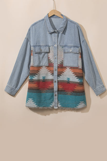 Sky Blue Plus Size Denim Aztec Jacket