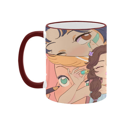 Custom Edge Color Mug (11oz) Kawaii, Anime, Japanese, Girl, Makeup, Beauty, Fun, Sleepover, Feminine, Fun, Cute (Designed by Dunbi)