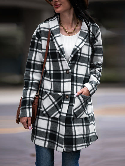 Shiny Plaid Shawl Collar Coat with Pockets