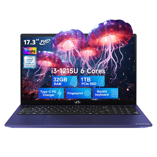 NIMO 17.3 IPS FHD Business Laptop Computer, Intel 6 Core i3-1215U, 32GB RAM, 1TB SSD, (Beat i5-1135G7, Up to 4.4GHz), 65W Type-C, Fingerprint, Backlit Keyboard, WiFi 6, Win 11