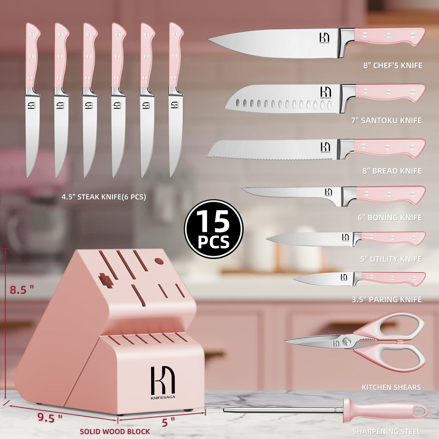 Pink Knife Set, KnifeSaga Kitchen Knife Set 15Pcs, Enduring Razor-Sharp Knife Block Set, High Carbon Stainless Steel Pink Knife Set with Block and sharpener, Premium Forged Knives Set for Kitchen