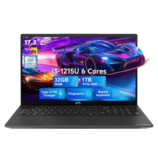 NIMO 17.3 FHD Laptop, Intel 6 Core i3-1215U, 32GB RAM, 1TB SSD, (Beat i5-1135G7, Up to 4.4GHz), 65W Type-C, Fingerprint, Backlit Keyboard, IPS Business Computer, Numpad, Win 11