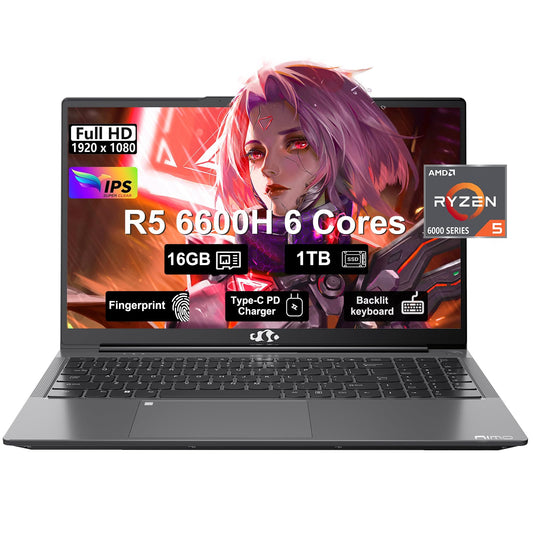 NIMO 15.6 FHD IPS Business Gaming Laptop,6-Cores AMD Ryzen 5 6600H 660M 6 nm, 16GB RAM DDR5, 1TB SSD (Beat i5-12450H, up to 4.5GHz),100W Type-C, Fingerprint, Backlit Keyboard, WiFi 5, Win 11