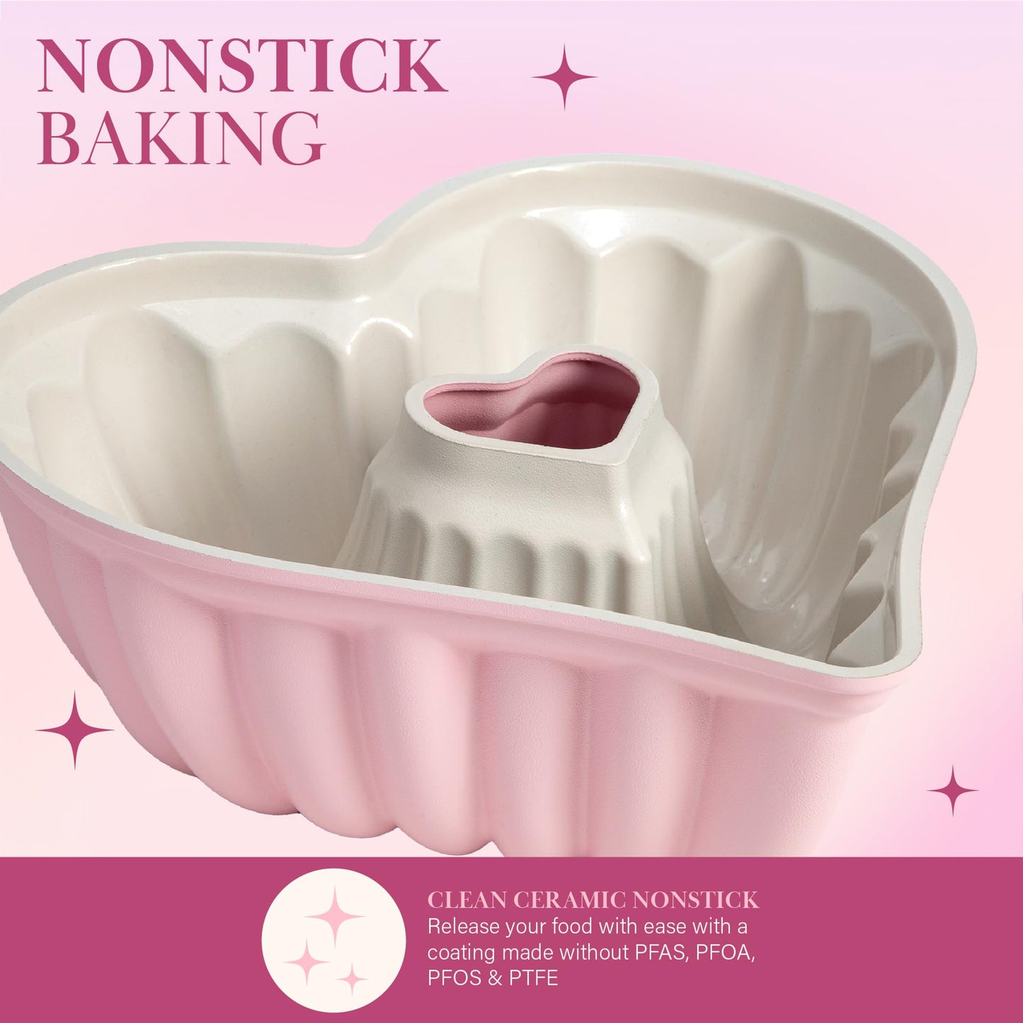 Paris Hilton Heart Shaped Fluted Cake Pan, Cast Aluminum with Clean Ceramic Nonstick Bakeware, Dishwasher Safe, Made without PFAS, PFOA, PFOS & PFTE, 9-Inch, Pink