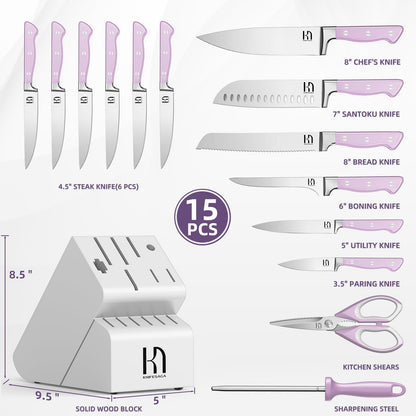 Knife Set, KnifeSaga Purple Kitchen Knife Set 15Pcs, Enduring Razor-Sharp Knife Block Set, High Carbon Stainless Steel Purple Knife Set with Block and sharpener, Premium Forged Knives Set for Kitchen