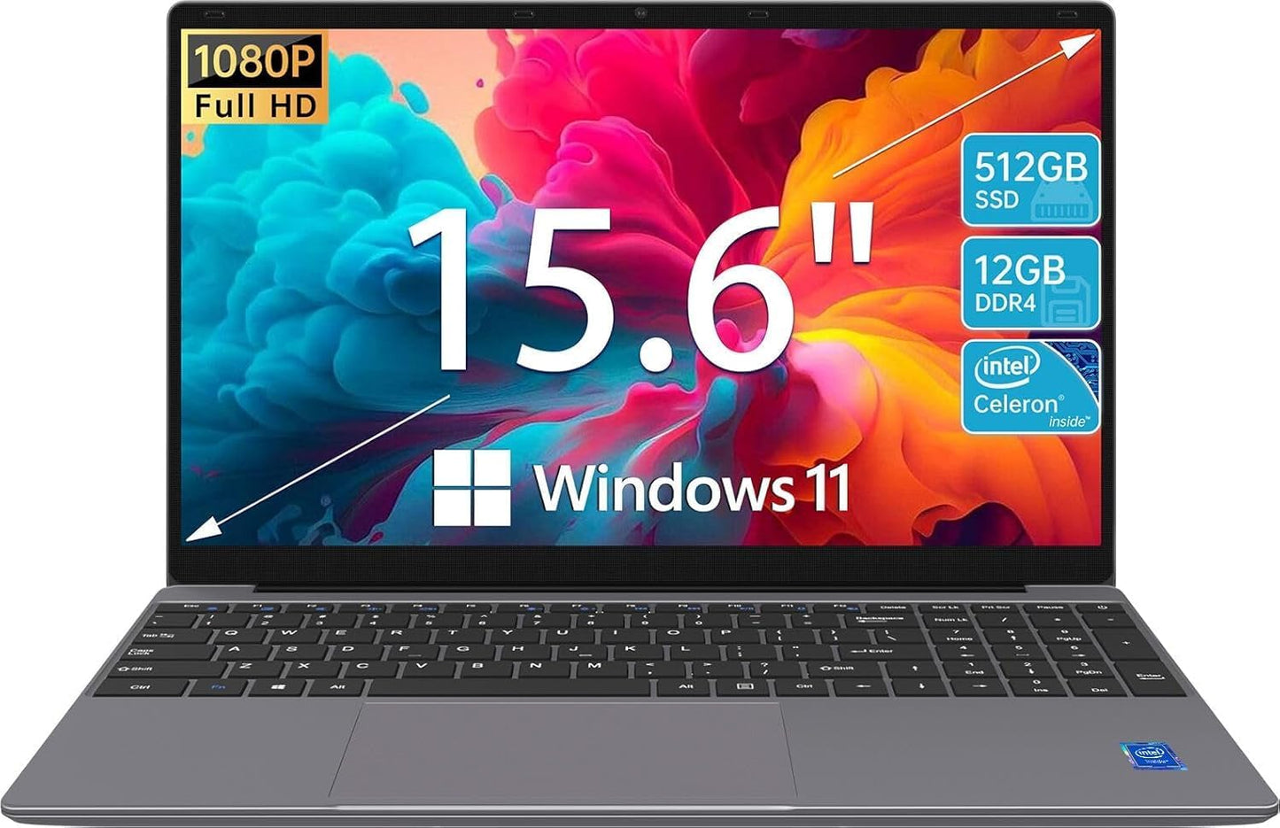 Laptop Computer | 15.6'' HD Display | Intel UHD Graphics | Intel Celeron N5095 4-Core Processor |12GB RAM | 512GB SSD up to Expandable 1TB | WiFi | 180°Open Angle | Windows 11 Laptop, Gray