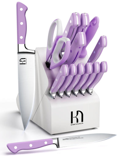 Knife Set, KnifeSaga Purple Kitchen Knife Set 15Pcs, Enduring Razor-Sharp Knife Block Set, High Carbon Stainless Steel Purple Knife Set with Block and sharpener, Premium Forged Knives Set for Kitchen