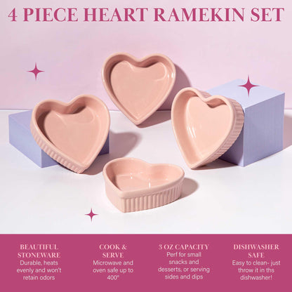 Paris Hilton Heart Shaped Ramekin Set, Mini Ceramic Ramekins, Oven Safe Baking Dishes, Dishwasher Safe, Stoneware Made without PFOA, 4-Piece Set, Pink