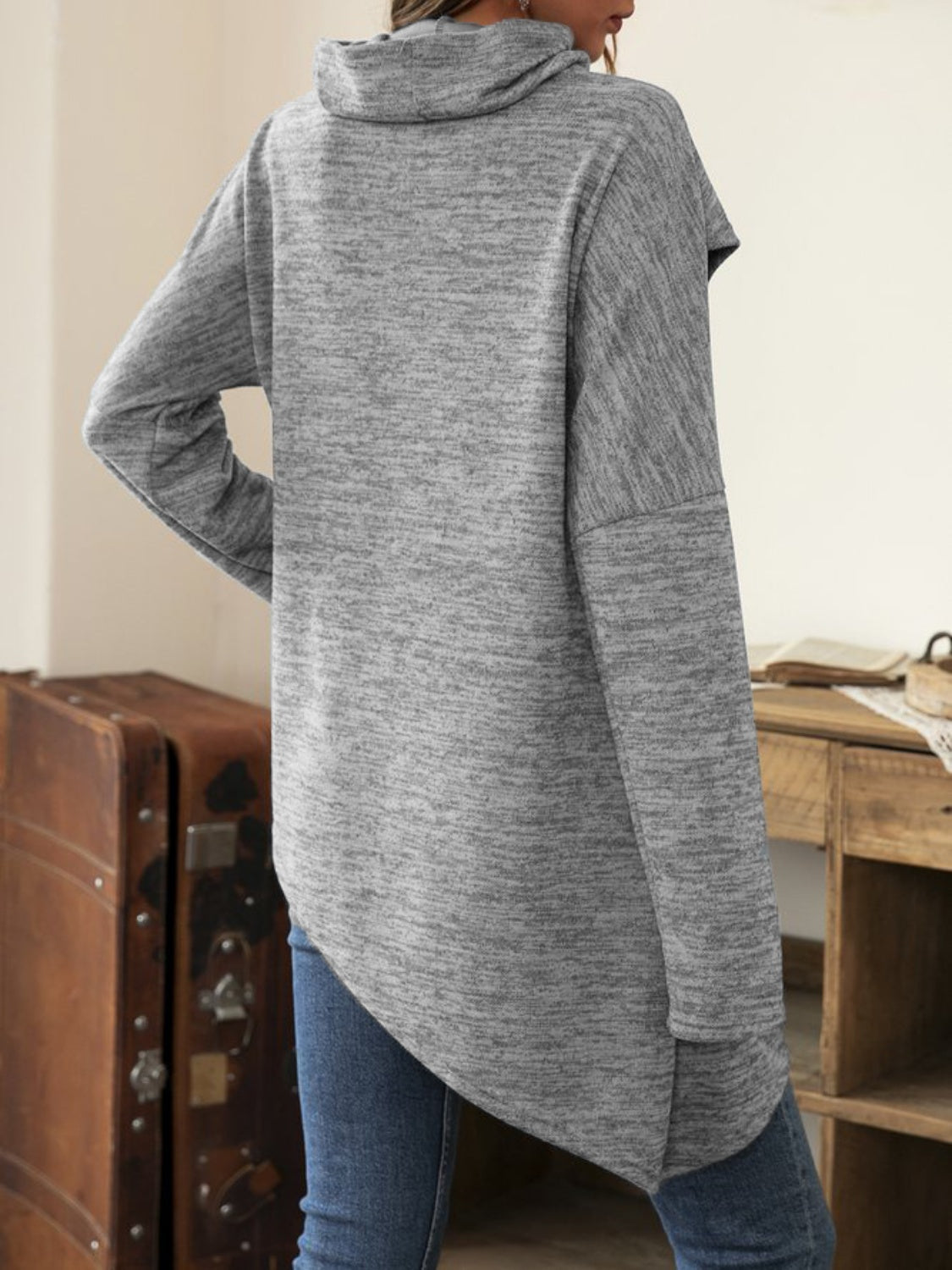 Asymmetrical Hem Cowl Neck Long Sleeve T-Shirt