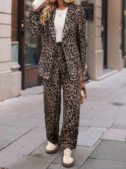 Full Size Leopard Lapel Collar Long Sleeve Blazer and Pants Set