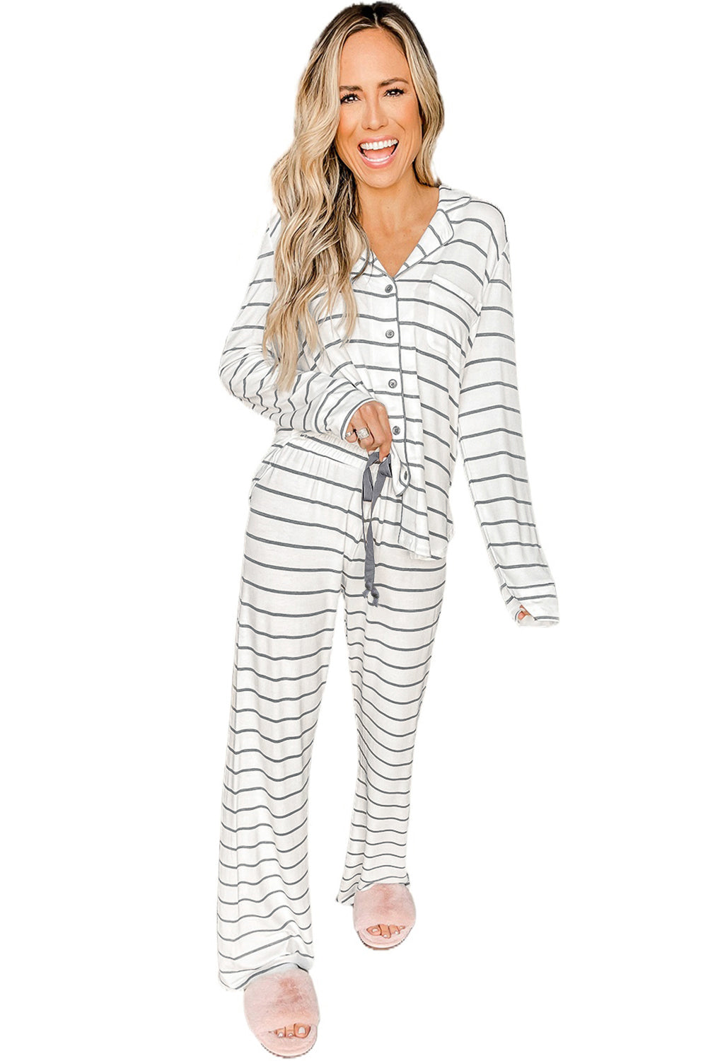 Striped Print Long Sleeve and Pants Pajamas Set