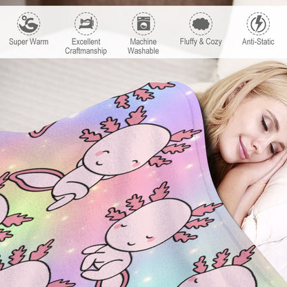 Ultra-Soft Flannel Blanket Multiple Sizes Axolotl, Pastel Rainbow, Cute, Kawaii, Aesthetic, Art, Pink, Blie, Yellow, Green, Purple (Designed by Dunbi)