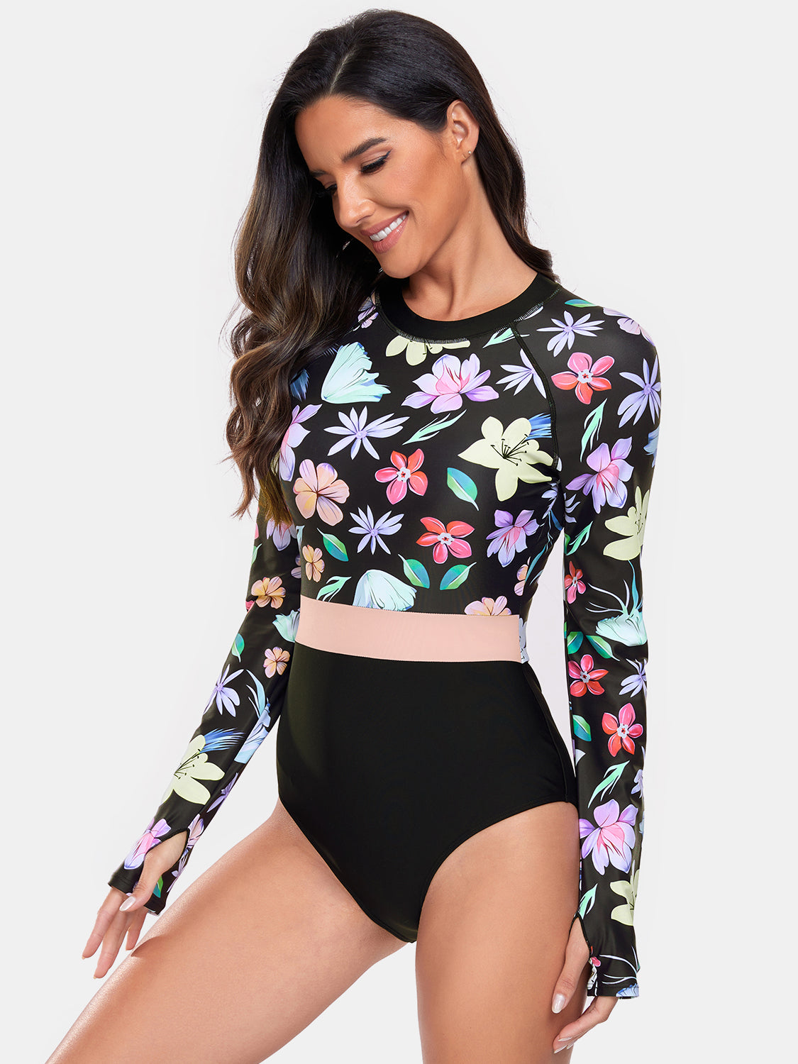 Flower Round Neck Long Sleeve One-Piece Swimwear