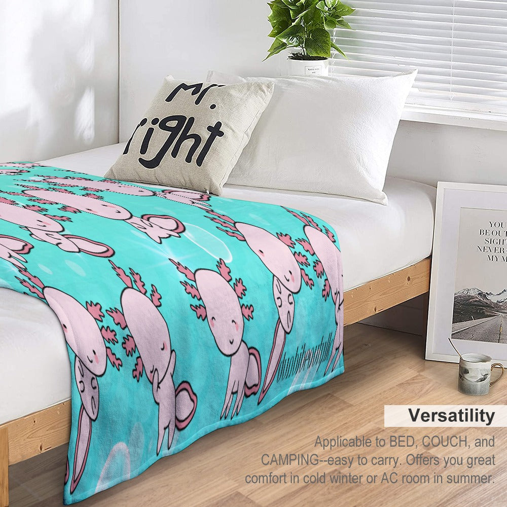 Ultra-Soft Flannel Blanket Multiple Sizes Axolotl, Underwater, Cute, Kawaii, Aesthetic, Art, Pink, Blue, Bubbles (Designed by Dunbi)