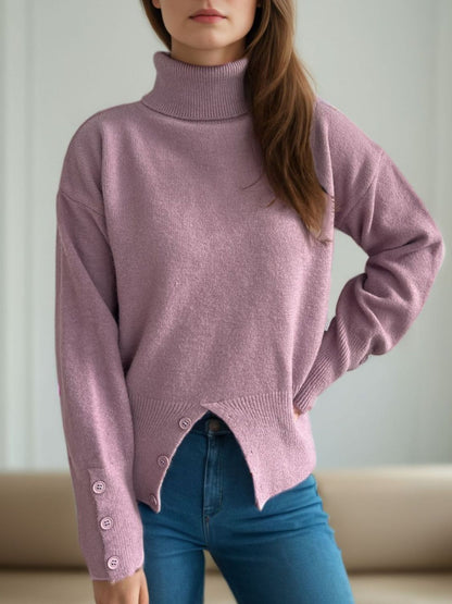 Front Slit Decorative Button Turtleneck Sweater