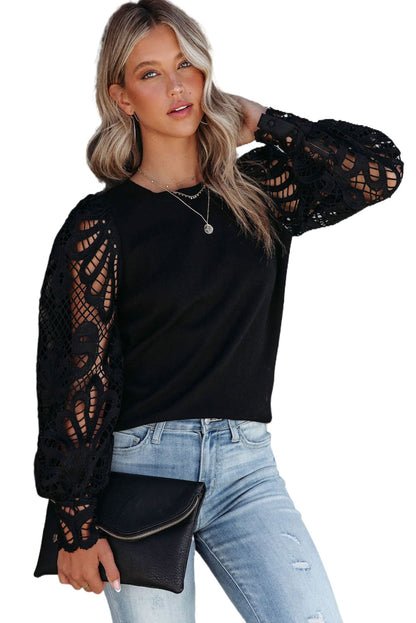 Black Elegant Crochet & Lace Sleeve Crew Neck Top