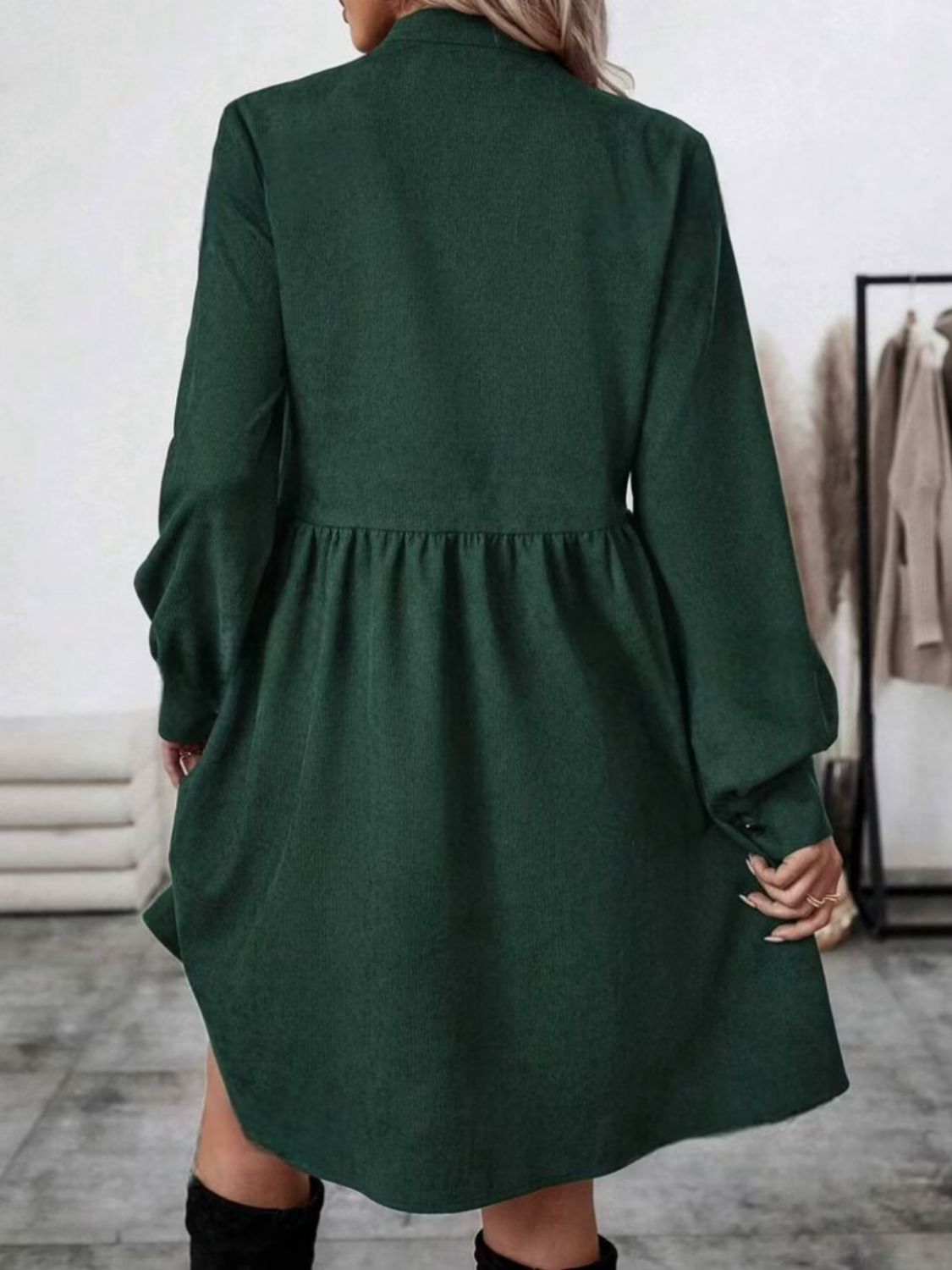 Ruched Button Up Long Sleeve Dress