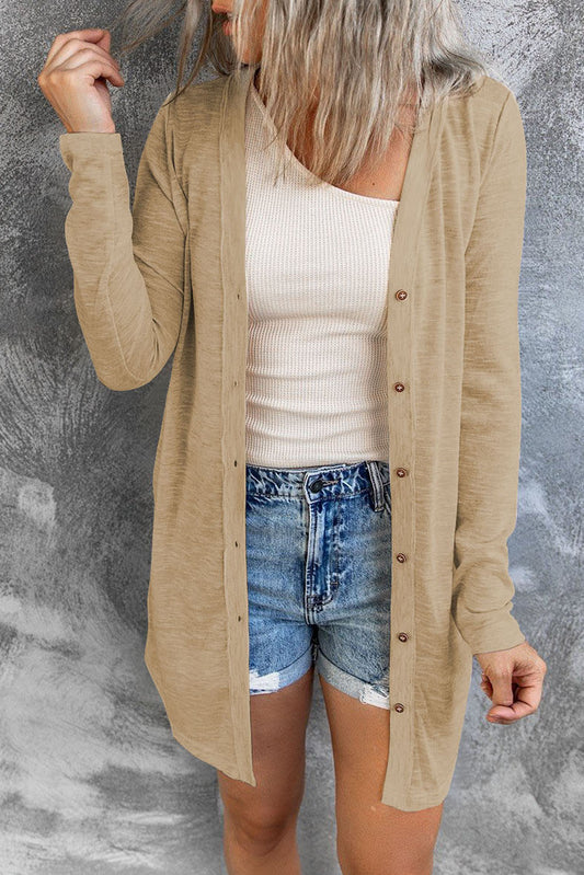 Solid Color Open-Front Buttons Cardigan