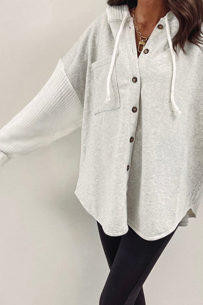 Gray Button Up Contrast Knitted Sleeves Hooded Jacket