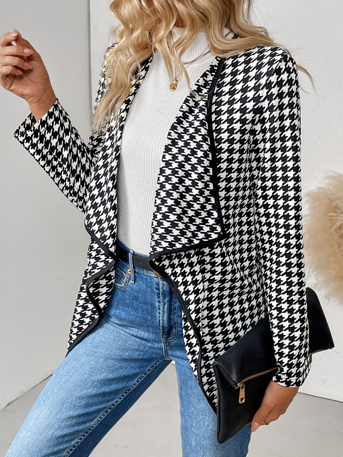 Houndstooth Open Front Long Sleeve Jacket