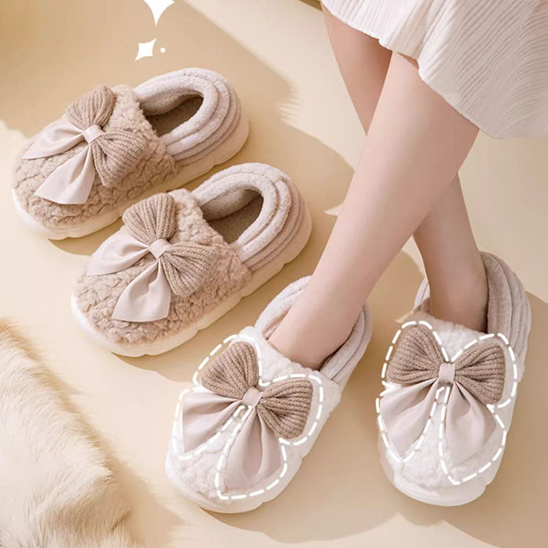 Big Bow-knot Fluffy Slippers Winter Warm Covered Heel Cotton Shoes Fashion Thick-soled Platform Slippers Indoor And Outdoor Garden Walking Shoes