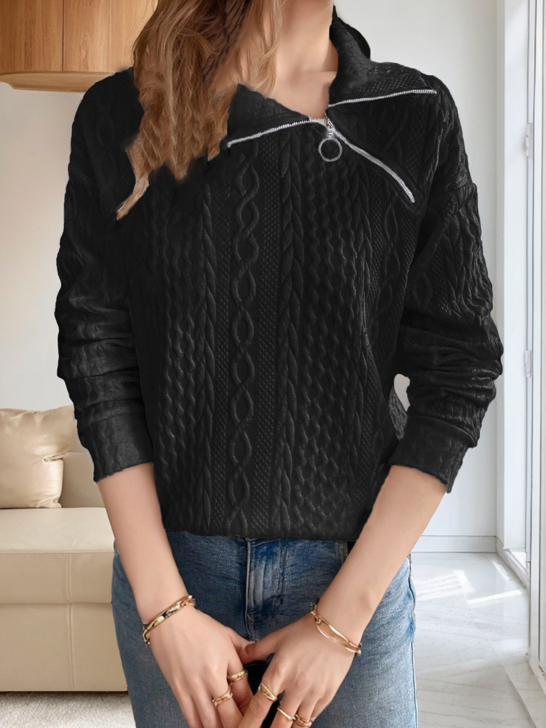 Oblique Zipper Collared Neck Long Sleeve Sweatshirt