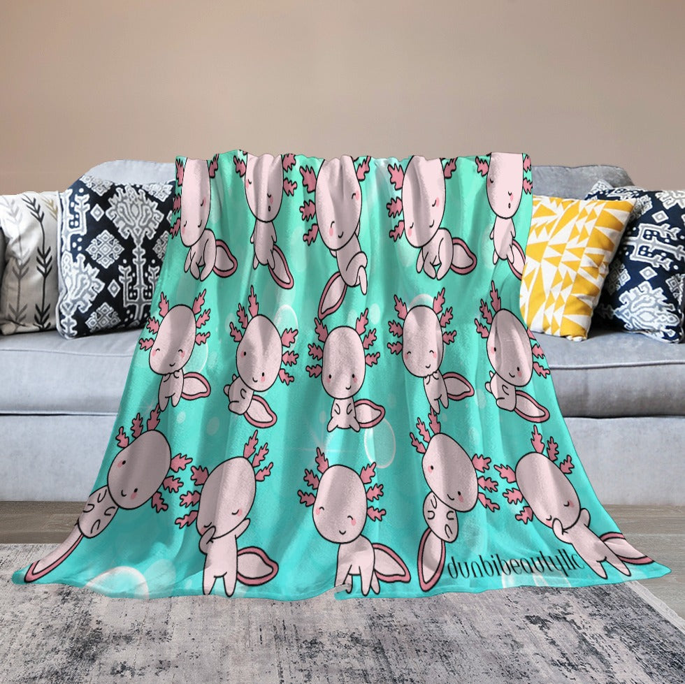 Ultra-Soft Flannel Blanket Multiple Sizes Axolotl, Underwater, Cute, Kawaii, Aesthetic, Art, Pink, Blue, Bubbles (Designed by Dunbi)